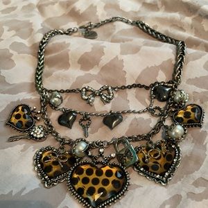 Vintage Betsey Johnson heart leopard charm necklace